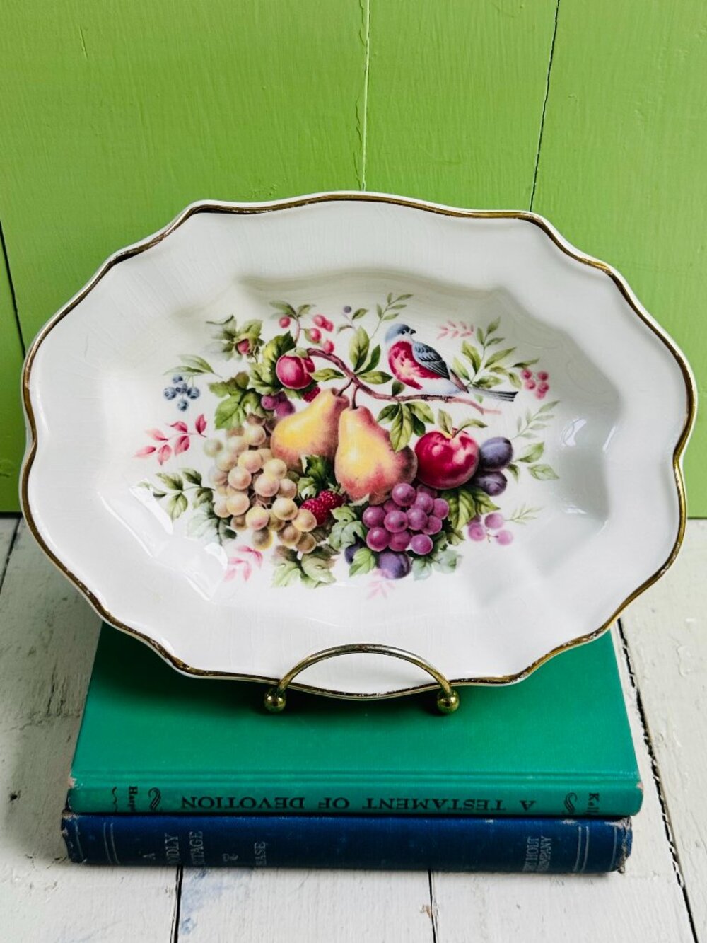 Vintage 70s Avon Enoch Wedgwood Serving Tray Fruit Bird Platter 22K Gold Trim